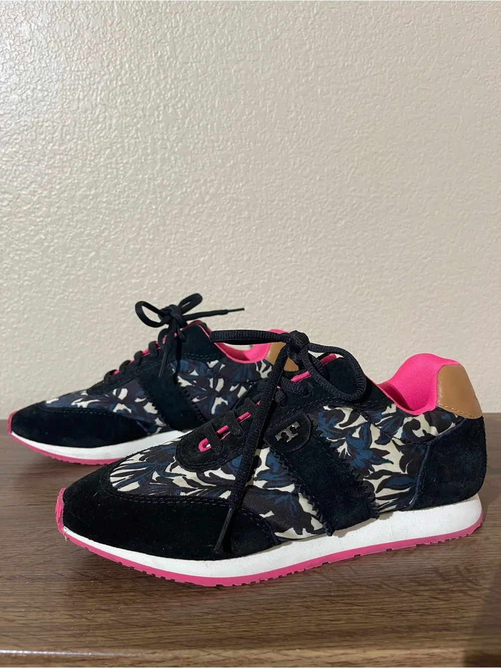 Tory Burch Black Floral Sneakers with Hot Pink Accents